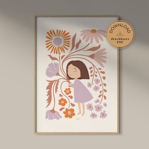 Póster "Niña de las flores" A1 A2 A3 A4 50x70 60x80 | Ilustración de descarga digital | flores + fotografía de niña | Decoración de la pared de la sala de estar de la habitación de los niños