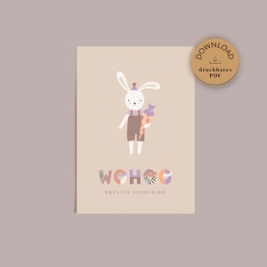 Matrícula escolar cartão postal | WOHOO Finalmente uma criança em idade escolar | Download digital do cartão A6 | coelho ilustrado | Escola, pré-escola, cone escolar