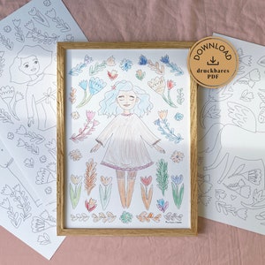 4 páginas para colorear para niños | Páginas para colorear de niña de las flores y unicornio para imprimir | Páginas para colorear como descarga PDF A4