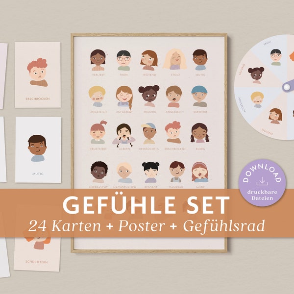 Gefühle Set | 24 Gefühlskarten, Gefühlsposter, Gefühlsrad für Kinder | Montessori Lernmaterial | digitaler Download