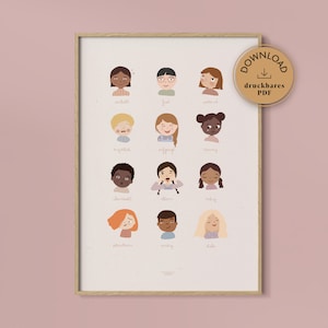 Entendiendo las emociones Póster para niños | 12 Sentimientos y Emociones | Póster de aprendizaje Montessori | Decoración de la sala de juegos de la habitación de los niños A4 A3