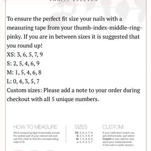 May include: A press-on nail sizing chart from Vanity Eeleven. The chart includes instructions on how to measure nails, size options, and custom size instructions. The chart shows nail sizes from 0 to 9, with measurements in millimeters.