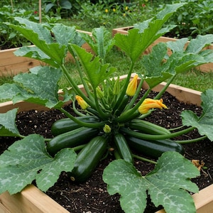 Puede incluir: Primer plano de una planta de calabacín creciendo en un lecho de jardín elevado. La planta tiene varios calabacines verdes, algunos de los cuales todavía están unidos a la planta. La planta está rodeada de hojas verdes.