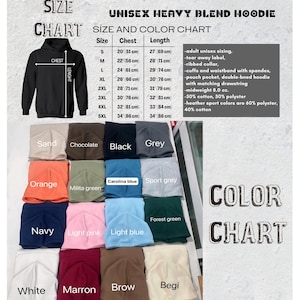 May include: A size and colour chart for a unisex heavy blend hoodie. The chart includes chest and length measurements in centimetres, along with a colour palette featuring sand, black, grey, orange, navy, and more. The hoodie features a ribbed collar and a pouch pocket.