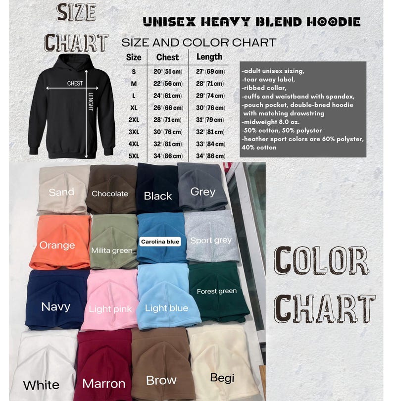 May include: A size and colour chart for a unisex heavy blend hoodie. The chart includes chest and length measurements in centimetres, along with a colour palette featuring sand, black, grey, orange, navy, and more. The hoodie features a ribbed collar and a pouch pocket.