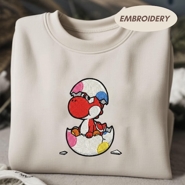 Embroidered Red Yoshi Sweatshirt, Nintendo Anime Gamer Tee, Universe Family Shirt