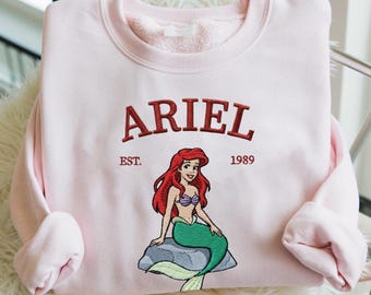 Embroidered Ariel Sweatshirt, Little Mermaid Princess Embroidery Crewneck