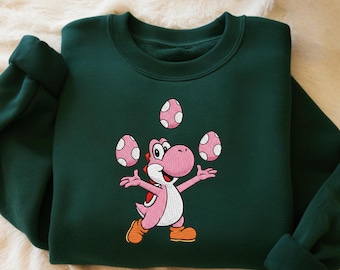 Embroidered Pink Yoshi Sweatshirt, Nintendo Anime Gamer Tee, Universe Family Shirt