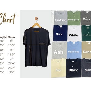 May include: A black t-shirt on a hanger, with a size chart and colour options. The size chart shows measurements in inches for width, length, and sleeve. Colour options include sport grey, navy, white, ash, light blue, and black.