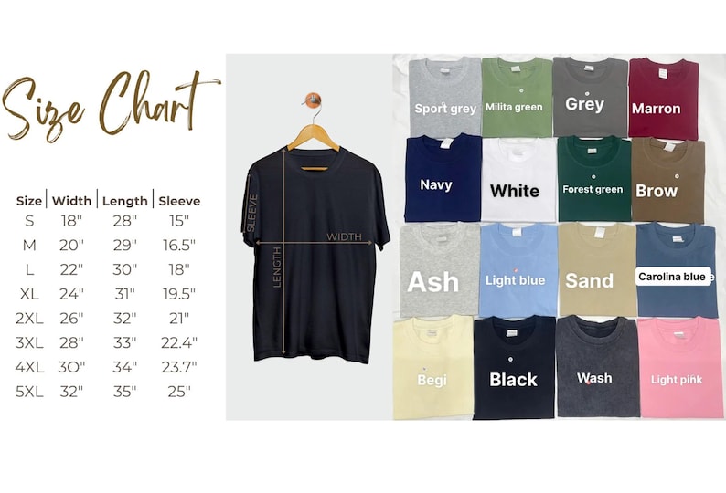 May include: A black t-shirt on a hanger, with a size chart and colour options. The size chart shows measurements in inches for width, length, and sleeve. Colour options include sport grey, navy, white, ash, light blue, and black.