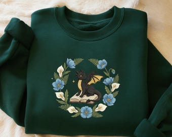 Dragon Book Embroidered Sweatshirt, Fantasy Book Reader Crewneck