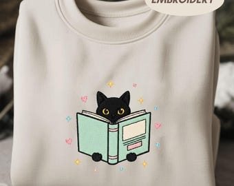 Embroidered Black Cat Book Sweatshirt, Gift for Book Lovers, Reader Gifts