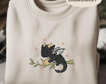 Dragon Book Embroidered Sweatshirt, Fantasy Book Reader Crewneck