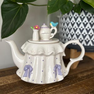 Vintage TeleFlora Teapot, Vintage Teapot with Lavendar Bows, Vintage Teapot