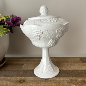Vintage Milk Glass Bowl and Lid, Milk Glass Pedestal Compote Bowl, Vintage Indiana Milk Glass Grape Harvest Compote, Covered Pedestal Bowl