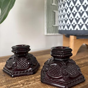 Vintage Red Glass Candle Holders, Set of Two Vintage Red Avon Cape Cod Candlestick Holders
