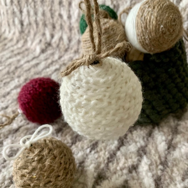 Farmhouse Wool Yarn Ornament, Handmade Ornaments, Farmhouse Ornaments White Knitted Ornament, Burlap Ornament, Christmas Tree Ornament