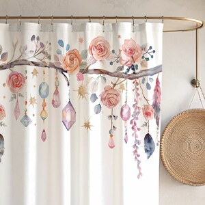 Boho shower curtain, Colorful shower curtain, Floral Bathroom, Bathroom Decor, Nature inspire, Waterproof Bath Curtain, Crystal, Flowers