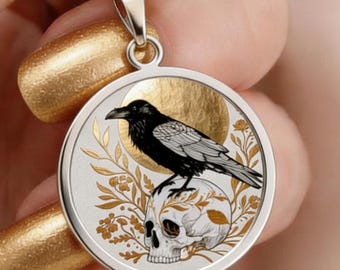 Rund Anhänger Halskette, Wicca Schwarz Magie Rabe Schmuck, Gothic Whimsigoth Schmuck für Frauen in Gold/Silber/Edelstahl