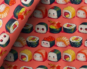 Sushi Fabric, Cute Sushi fabric, Pure Cotton for Sewing Crafts, Kuwaii Colorful Fabric for Pillow, Clothes, Bedding, Bags, Happy Tablecloth