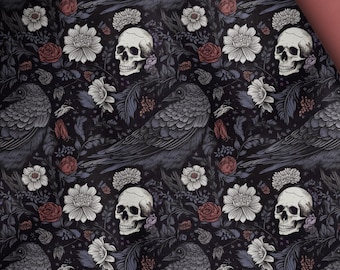 May include: Dark floral pattern featuring skulls, crows, and flowers in shades of black, gray, white, and red. The design includes detailed illustrations of skulls, crows, roses, and other floral elements, creating a gothic aesthetic.