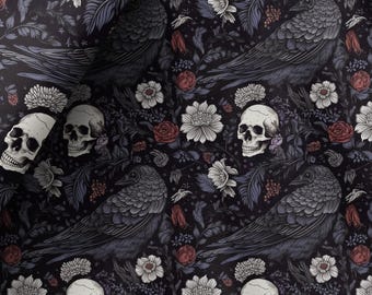 Gothic Fabric, Skull and raven cloth, Textile Pattern Design, Pure Cotton for Sewing Crafts, Dark, Emo Apparel, Tablecloth, Runner, Pillow