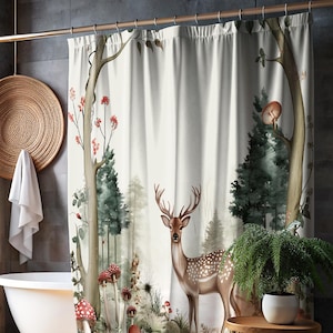 Woodland Duschvorhang, Natur inspiriertes Badezimmer, Cabin Style, Forest badezimmerdekor, Cottagecore Badewanne, Hirsch, Pilz, Botanisches Badezimmer