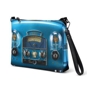 Umhängetasche, Blaue Tasche, kleine Tasche, Lustige Tasche, Handtasche, Schultertasche für Frauen, lässige Tasche, Handgelenktasche, Vintage Radiotasche, Vegane Tasche, bedruckt