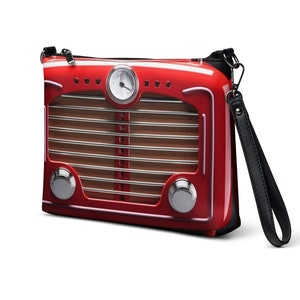 Umhängetasche, Rote Tasche, kleine Tasche, Lustige Tasche, Handtasche, Schultertasche für Frauen, lässige Tasche, Handgelenktasche, Vintage Radiotasche, Vegane Tasche, bedruckt
