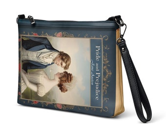 May include: A blue and brown clutch bag with a strap. The bag features a vintage illustration of a couple and the text "Pride and Prejudice" by Jane Austen.