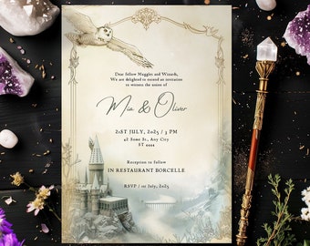 May include: A wedding invitation with a whimsical design featuring a snowy landscape, a castle, and an owl. The invitation is for Mia & Oliver's wedding on July 21st, 2025, at 3 PM. The reception will be held at Restaurant Borcelle.