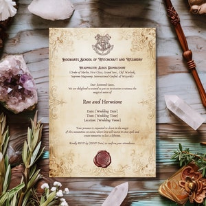 May include: A vintage-style wedding invitation for Ron and Hermione from Hogwarts School of Witchcraft and Wizardry. The invitation features a Hogwarts crest and a wax seal.