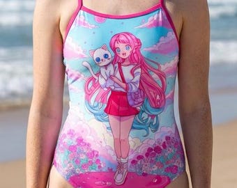 Einteiliger Badeanzug, Kawaii Pink Anime-Badeanzug, Mädchen-Bademode, lebhafter niedlicher Manga-Katzen-Badeanzug, Sommer-Strandkleidung, für Jugendliche und Frauen