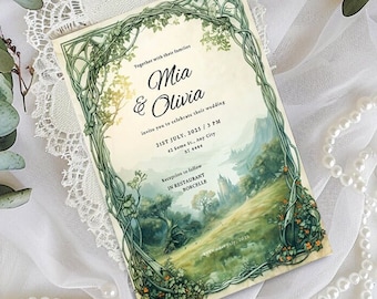 Hochzeitseinladung Vorlage, Keltische Hochzeitseinladung, Fantasy-Thema, Individuelle Einladung, Bunt, Natur, Digital * Canva Editable