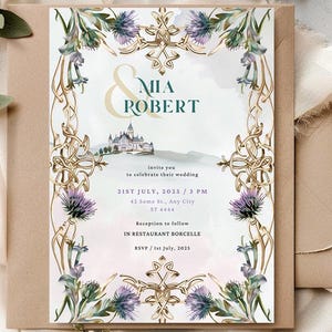 Modello di invito di nozze, matrimonio in Scozia, invito di nozze personalizzato, matrimonio celtico, modello digitale di castello floreale *Canva modificabile