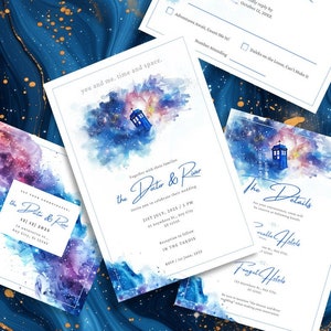 May include: A wedding invitation suite with a blue and purple watercolor background featuring a TARDIS, a fictional time machine from the British science fiction television series Doctor Who. The invitation text reads "The Doctor & River" and includes the date and time of the wedding. The RSVP card includes the text "RSVP The Doctor & River" and asks guests to reply by October 12, 20XX. The details card includes the text "The Details" and provides information about the wedding reception.