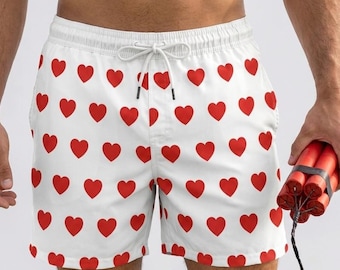 Dungeon Crawler Carl Red Heart Pattern Boxer, DCC Cospaly, LitRPG Buch-Liebhaber-Geschenk, weiße Badeshorts, mittellange Badeshorts für Herren