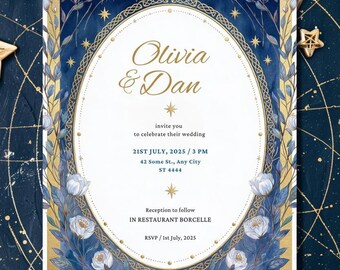 Fantasy Hochzeitskarte, bearbeitbare druckbare Canva Hochzeitseinladungsvorlage, individuelle Gold- & Blaue Elfenhochzeit, Keltisch, Geek Digitale Datei