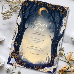 Hochzeitseinladungsvorlage, Fantasy-Hochzeitskarte, Hochzeitseinladung angepasst, Elfisch magische Nacht, Geek, Fee, Natur * bearbeitbare Canva