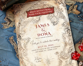 Alternative wedding invitation, Fantasy theme wedding bundle, RSVP + Wedding details template, Customized, DND, Geek, Adventure Quest, Canva