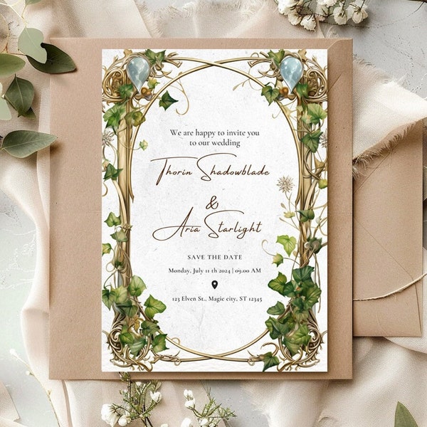 Wedding invitation template, Lord of the Rings, Customized wedding invitation, Elfish wedding, Geek, Digital Template * Canva Editable