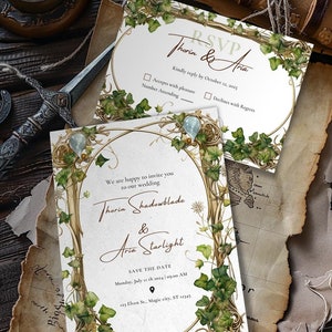 Modelli di invito e RSVP per matrimonio, matrimonio fantasy, matrimonio elfico, personalizzato, biglietto di matrimonio fantasy, file digitale Geek * Canva modificabile