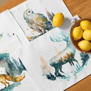 Placemats for Christmas, Placemats set of 4, Woodland Placemats, Wildlife Winter Landscape, Winter placemats, Holiday placemats, Watercolor