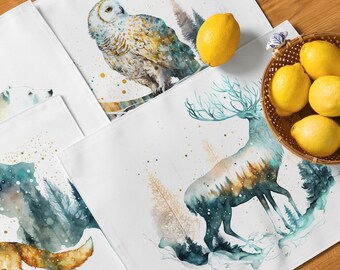 Placemats for Christmas, Placemats set of 4, Woodland Placemats, Wildlife Winter Landscape, Winter placemats, Holiday placemats, Watercolor