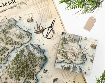 Unique wrapping paper, Gift wrapping paper, Christmas gift wrapping, Gift paper roll, Book lover gift, Map wrap paper, Geek gift, Fantasy