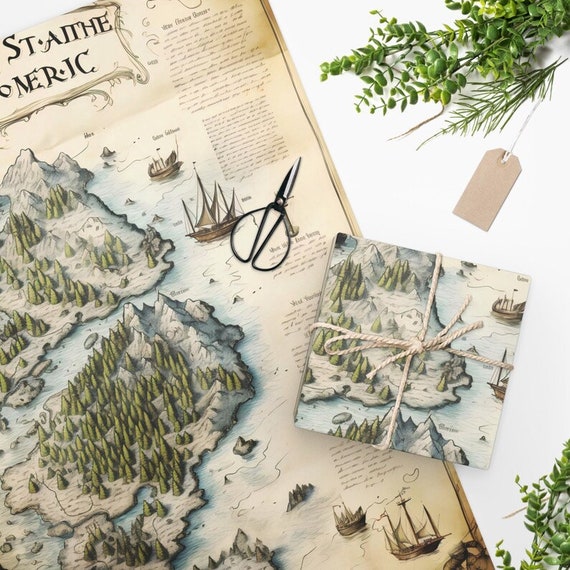 Unique wrapping paper, Gift wrapping paper, Christmas gift wrapping, Gift paper roll, Book lover gift, Map wrap paper, Geek gift, Fantasy