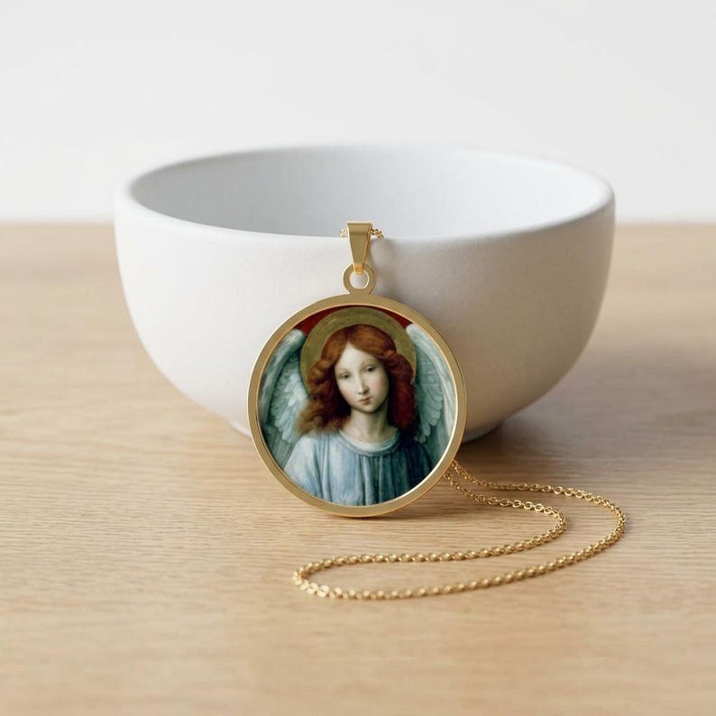 Angel Pendant Necklace, Guardian Angel Jewelry, Round Pendant Cherubim Necklace, Protection Necklace in Gold, Silver or stainless steel image 6