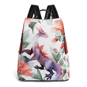 May include: White backpack with a watercolour design of a purple dragon amongst pink and orange flowers and green leaves. The backpack has black straps and red side accents.