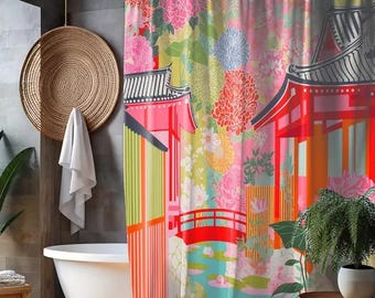 Colorful shower curtain, Japanese-Inspired Design, Floral Bathroom, Nature-inspired shower curtain, Waterproof bath curtain, Vibrant Modern