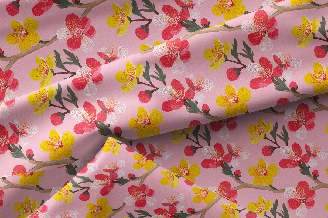 Spring Floral Cotton Fabric, Pink Yellow and Red Floral Decor, Elegant ...